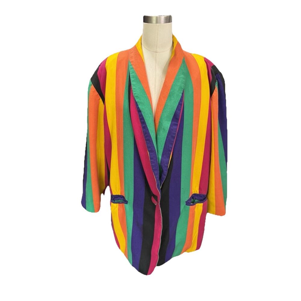 Vintage 80s Alex Tala Striped Rainbow Colourway Blazer Coat Size XL